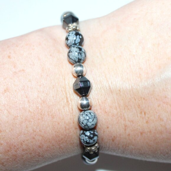 Sterling Silver Handmade Hematite & Obsidian Bead Bracelet - Picture 4 of 5
